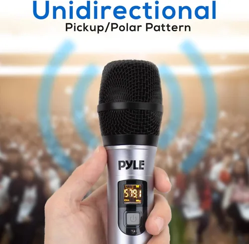 Vista 4 de Pyle Sistema de micrófono inalámbrico UHF portátil - Juego de transmisor de micrófono dinámico unidireccional de mano profesional con batería