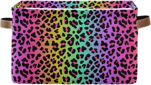 Cesta de almacenamiento grande con diseño de leopardo y arcoíris, plegable, con asas, para dormitorio, hogar, oficina