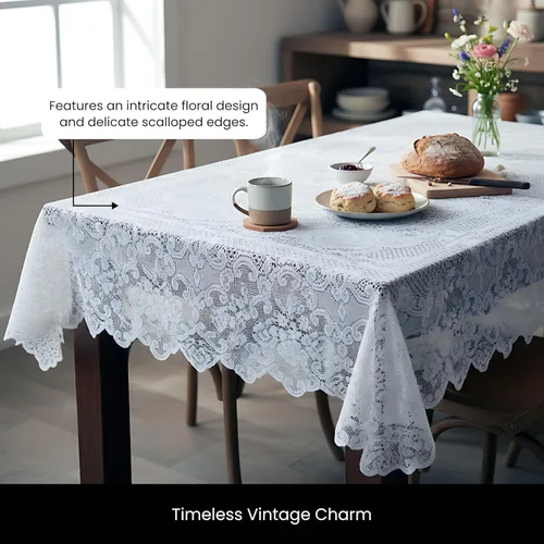 Vista 8 de Juvale Mantel de encaje blanco para mesas rectangulares de 60 x 120 pulgadas, elegante diseño floral vintage con bordes festoneados, poliéster