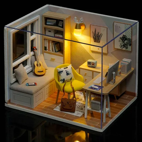 Vista 2 de piberagi Kit de casa de muñecas en miniatura DIY, a escala 1:32, casa de muñecas de madera mini creativa con muebles, a prueba de polvo para niños
