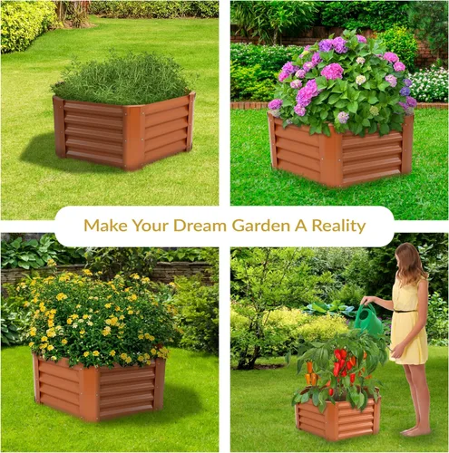 Vista 5 de Sunnydaze Kit de cama de jardín elevada de acero hexagonal de 41 pulgadas, maceta de metal para plantas, flores, verduras y hierbas, color marrón