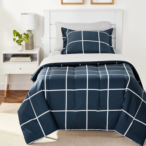 Vista 34 de Amazon Basics - Juego de edredón Twin/Twin XL con sábanas, juego de ropa de cama de 5 piezas, microfibra ligera azul Calvin a rayas, en una bolsa