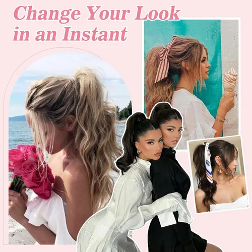 Vista 5 de Extensión de cola de caballo rubio de 24 pulgadas de largo, ondulado, rizado, con clip, extensiones de cabello sintético natural para mujer, rubio