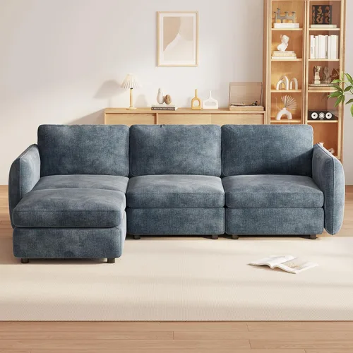 Vista 81 de Guyii Sofá modular de terciopelo, moderno sofá de 4 plazas de gran tamaño con 3 almohadas y reposapiés de almacenamiento, sofá convertible de 115.74