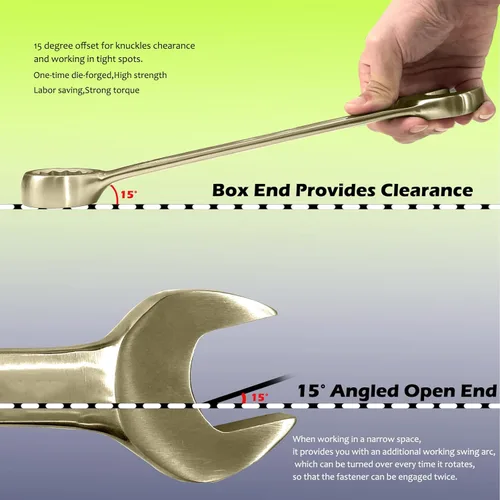 Vista 3 de WEDO Llave combinada sin chispas, llave combinada de seguridad sin chispas, bronce de aluminio, forja, DIN 3113, certificado BAM y FM, tamaño 1