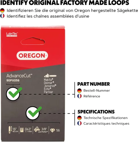 Vista 5 de Oregon Cadena de sierra AdvanceCut™ para adaptarse a motosierras DeWalt, Greenworks, McCulloch y Parkside de 16 pulgadas, 56 eslabones