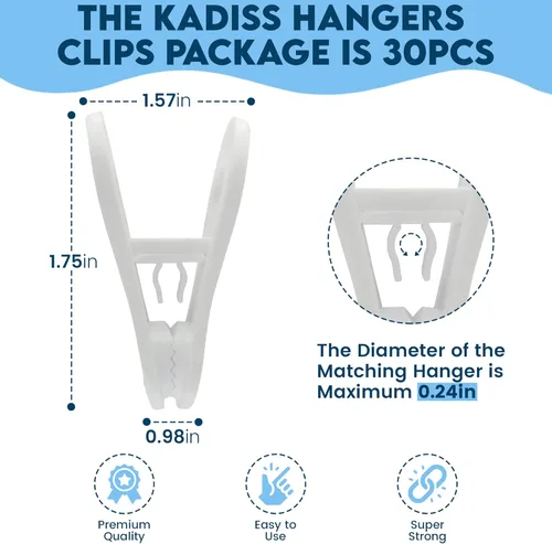 Vista 3 de Paquete de 30 clips de colgador, clips multiusos para perchas, pinzas blancas para colgar ropa de plástico, clips para colgar pantalones