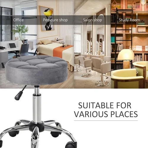 Vista 4 de HOMCOM Taburete redondo con elevación ajustable en altura, silla de tocador con tapicería de estilo de lujo, silla de oficina con asiento giratorio