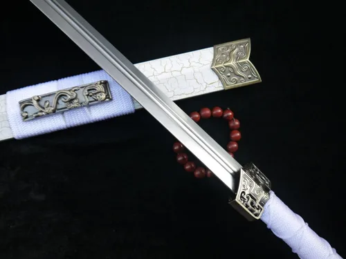Vista 4 de Espada china, Han jian (hoja de acero al carbono medio, vaina blanca, aleación) longitud 39 pulgadas
