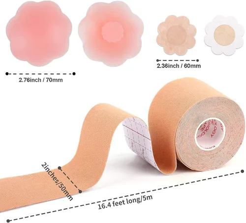 Vista 2 de Cinta de sujetador con 10 piezas de pétalos sin espalda y 2 piezas de silicona para pezón, cinta transpirable para levantamiento de senos