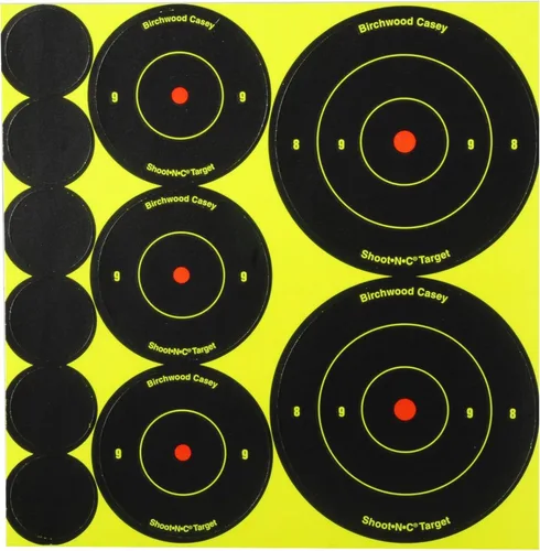 Vista 2 de Birchwood Casey Shoot-N-C Bull's-Eye - Paquete variado de objetivos reactivos – Adhesivos autoadhesivos de tiro con pastores de reparación para tiro