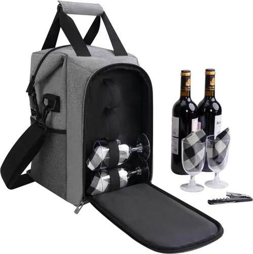Vista 19 de ALLCAMP - Bolsa de vino con compartimento refrigerador, juego de picnic que lleva dos juegos de vajilla