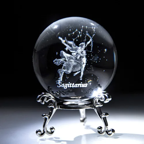 Vista 16 de Bola de cristal de constelación 3D de 60 mm, peso de papel de cristal completo de vidrio Fengshui con soporte floral plateado (Géminis)