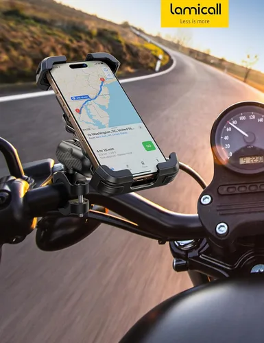 Vista 7 de Lamicall Soporte de teléfono para motocicleta, brazo de extensión de metal, amortiguador de vibración doble, soporte para teléfono celular