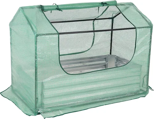 Vista 2 de Sunnydaze Cama de jardín elevada de acero de 4 x 2 pies con mini invernadero, kit de invernadero para exteriores, 2 puertas con cremallera