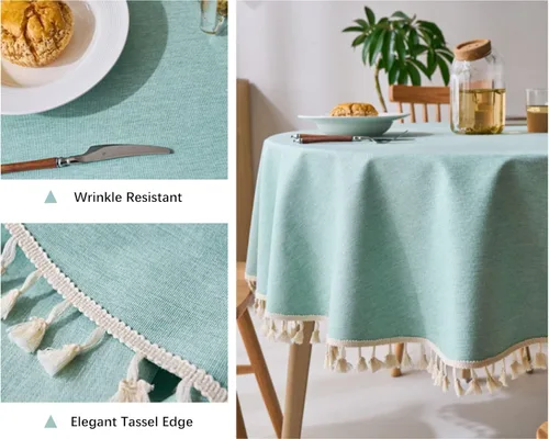 Vista 3 de Dimatic Mantel redondo con textura de lino con borla, impermeable, a prueba de derrames, para decoración de mesa de cocina, comedor, verde, redondo