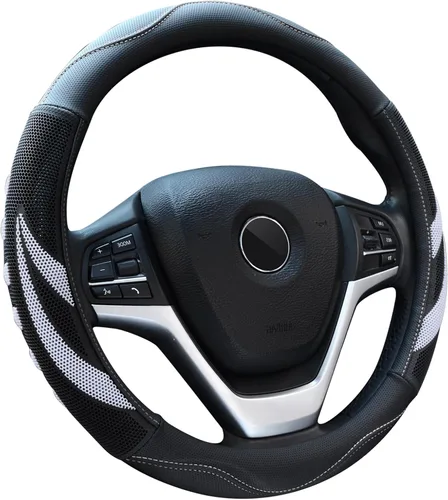 Vista 8 de Alusbell Funda transpirable para volante de automóvil para hombres y mujeres, piel de microfibra de 15 pulgadas, color negro