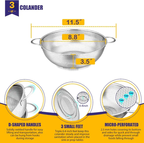 Vista 3 de E-far Juego de 3 coladores de acero inoxidable (1-3-5 cuartos de galón), colador de metal microperforado con mango para cocina/escurrimiento