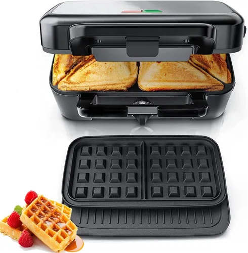 Vista 10 de FOHERE Waffle Maker 3 en 1 Sandwichera 1200W Prensa Panini con Placas Extraíbles y Control de Temperatura de 5 Niveles, Revestimiento Antiadherente