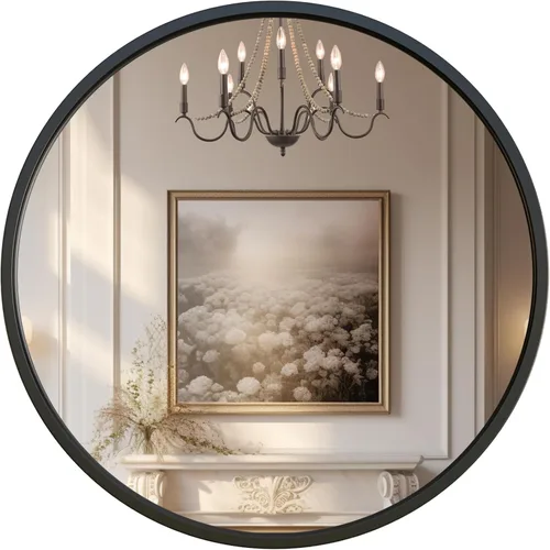 Vista 10 de G-LEAF Espejo redondo negro de 24 pulgadas, espejo circular para baño, entrada, tocador, sala de estar, espejo de baño redondo para pared