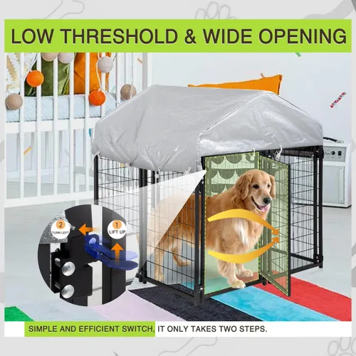 Vista 3 de Perrera para perros grandes, resistente a los rayos UV, resistente a los rayos UV, 4 x 4 x 4.3 pies, alambre soldado de metal con techo impermeable