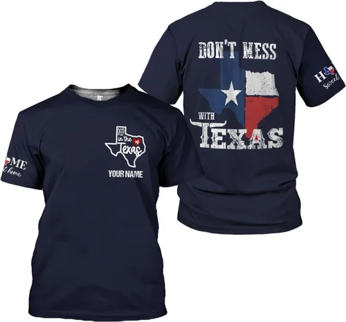 HomeDesign Camiseta unisex 3D con la bandera y el mapa de Texas con nombre personalizado, para hombres y mujeres, talla S-5XL