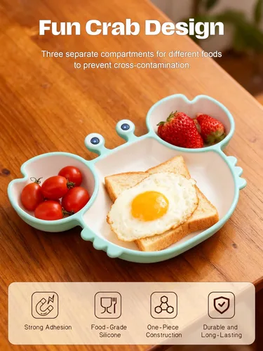 Vista 3 de Bandeja de comida en forma de cangrejo con base de succión y tapa, caja Bento para adultos de 7.4 x 7.4 x 1.5 pulgadas, silicona de grado