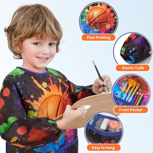 Vista 2 de WERNNSAI Bata de arte para niños impermeable con manga larga y 3 bolsillos de pintura