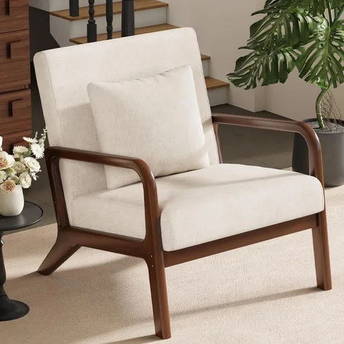 ELUCHANG Silla moderna de mediados de siglo, silla de acento con cojín lumbar, sillón tapizado, silla de lectura cómoda de tela de lino color beige