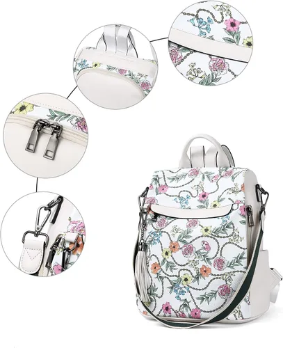 Vista 5 de Bromen - Mochila tipo bolso de mano de piel antirrobo para mujer a la moda, Beige floral, L