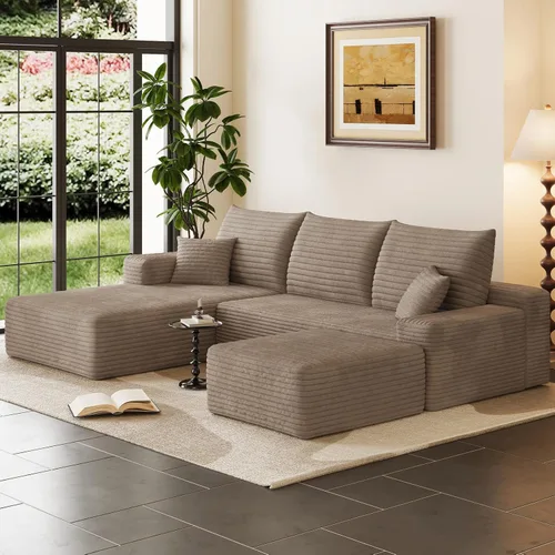Vista 31 de Sofá modular Cloud de 95 pulgadas con otomana, moderno sofá nube en forma de U con asiento profundo, cómodo sofá de pana de 3 plazas, sofá de espuma