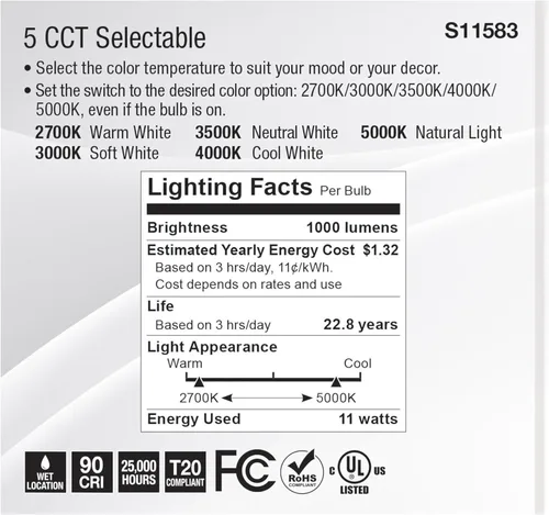 Vista 6 de Satco S11583; LED PAR30SN de 11 vatios; base media; acabado plateado; CCT seleccionable; 120 voltios; ángulo de haz de 40 grados