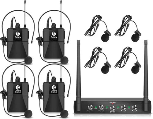 Vista 13 de Debra Audio Pro UHF Sistema de micrófono inalámbrico de 4 canales con micrófonos de mano, lavalier y diadema inalámbricos, receptor de metal, ideal