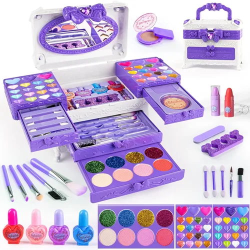 Vista 8 de Sets de maquillaje para niñas, 66 piezas de cosméticos reales para juguetes infantiles con espejo, kit de maquillaje lavable para princesas, regalos