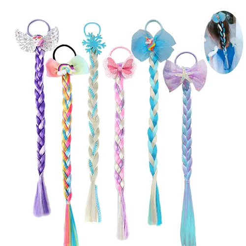 Vista 10 de 6 extensiones de cabello de trenzas de colores para niñas con bandas de goma, extensiones trenzadas de arco iris, lazos para el cabello, peluca