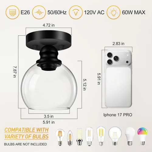 Vista 4 de Industrial Semi Flush Mount Ceiling Light, 5.91 Inch Clear Glass Ceiling Lamp Shade, Matte Black Closet Lights, Garage Ceiling Light Fixture for