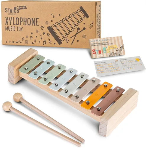 Stoie's Xilófono de madera para niños y bebés, diseño amigable para niños, xilófono de 8 notas con colores de alegría afinado en C-Key con mazos y