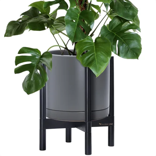 Vista 63 de D'vine Dev Maceta de cerámica con soporte de ébano – Maceta redonda moderna de 8 pulgadas con soporte para maceta de madera, color negro, 55-B-M-2