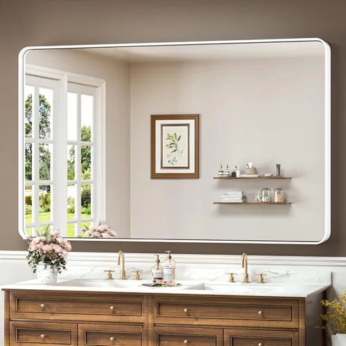 Vista 58 de TokeShimi Espejo de pared de baño de níquel cepillado de 20 x 30 pulgadas, marco de metal, esquina redonda, rectangular, para decoración del hogar