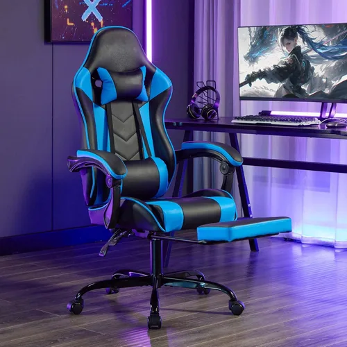Vista 8 de Silla ergonómica para juegos con reposapiés: silla de computadora de oficina con soporte lumbar ajustable y reposacabezas, silla de carreras