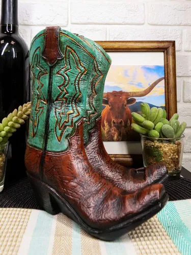 Vista 6 de Ebros Gift Botas vaqueras de cuero sintético de color verde azulado rústico occidental, portarretratos para libros de recetas, soporte para teléfono