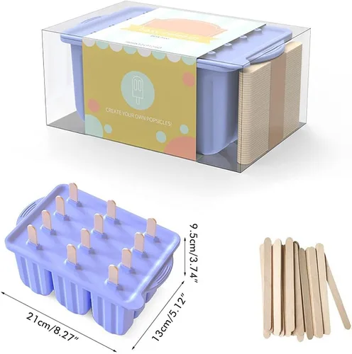Vista 2 de Moldes de paletas reutilizables de 12 cavidades, helado de silicona con tapas y 50 palos de madera, suministros de cocina para paletas de bricolaje