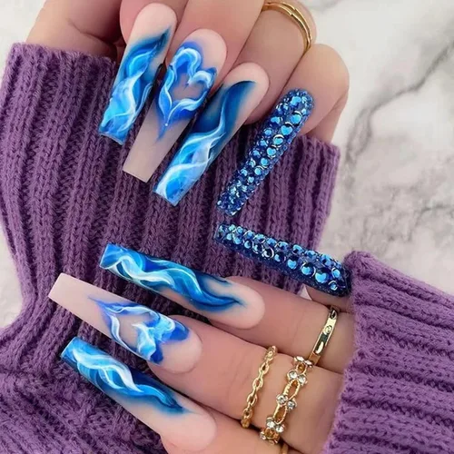 Vista 13 de Magrace Uñas postizas cortas a presión, cuadradas, ataúd, puntas francesas, uñas postizas con diseños, 24 unidades, uñas adhesivas para mujer