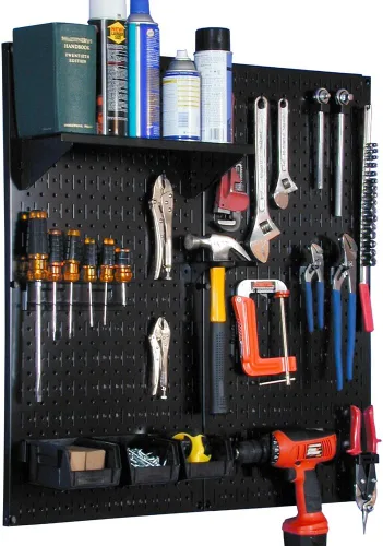 Kit de almacenamiento de herramientas utilitario de tablero de clavijas de metal Wall Control con tablero de clavijas negro y accesorios negros