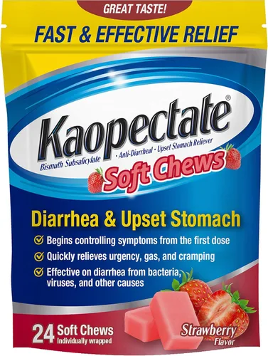 Kaopectate Strawberry Soft Chews 24 unidades - Medicamento para la diarrea para adultos con subsalicilato de bismuto, medicamento antidiarrea para