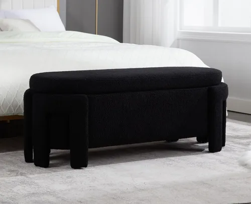 Vista 6 de Kmax Banco Otomán de Almacenamiento de 50", Banco de Entrada Moderno de Piel Sintética Bouclé, Banco Tapizado Cómodo al Pie de la Cama para Pasillo