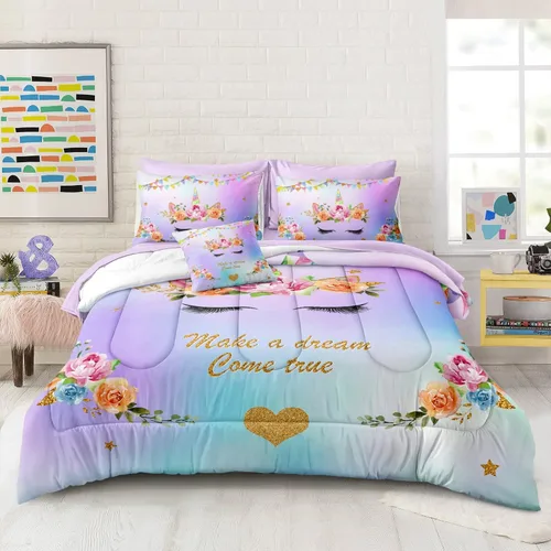 Vista 2 de Juego de sábanas de edredón de unicornio morado, tamaño matrimonial, 8 piezas, cama en una bolsa con 1 edredón, 4 fundas de almohada, 1 sábana
