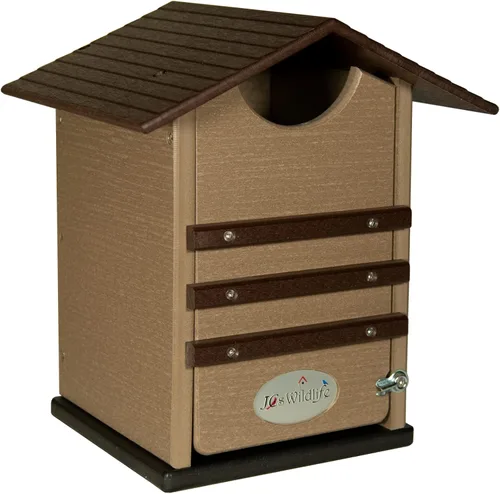 Vista 2 de JCS Wildlife Caja anidable de búhos chillidos de polietileno marrón y tostado, ideal para búhos sierreros y cernícalos también, limpiar la puerta