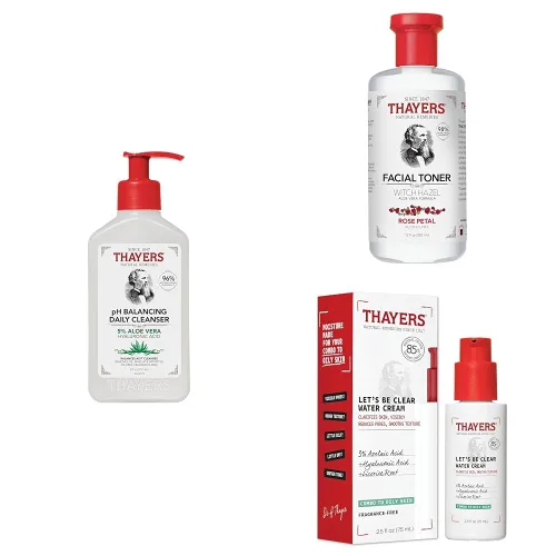 THAYERS Limpiador de pH, 8 onzas líquidas + tónico facial de pétalos de rosa con fórmula de aloe vera, 12 onzas líquidas de crema facial Let's Be