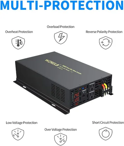 Vista 5 de WZRELB Inversor de corriente de onda sinusoidal pura de 3000 W 24 VCC 120 VCA con 2 salidas de CA Inversor de coche con control remoto con cable